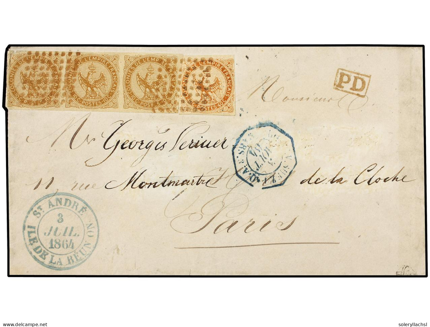 REUNION. 1864 (July 3). Cover To Paris With General Issues 1859-65 Eagle 10c. Bistre And Single 40c. Orange Cancelled By - Other & Unclassified