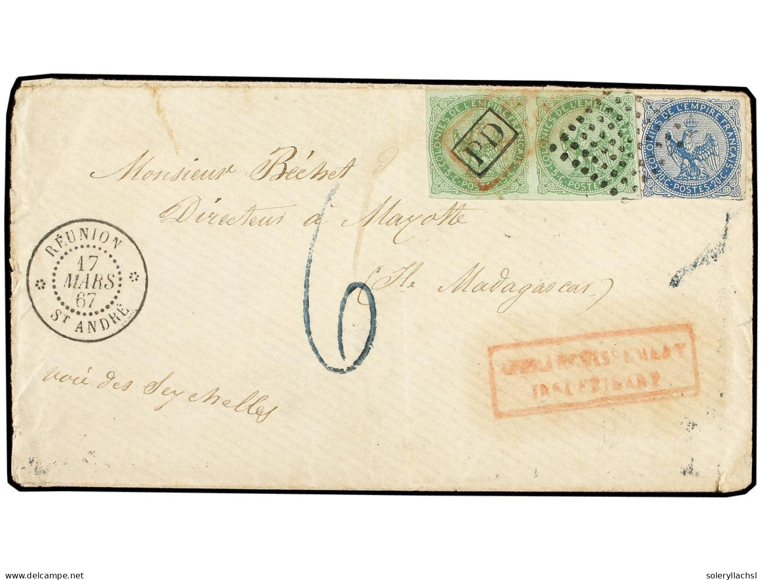 REUNION. 1867 (March 17). Underpaid Cover From ST. ANDRE To ISLAND Of MAYOTTE, Endorsed 'voie Des Seychelles' At Lower L - Autres & Non Classés