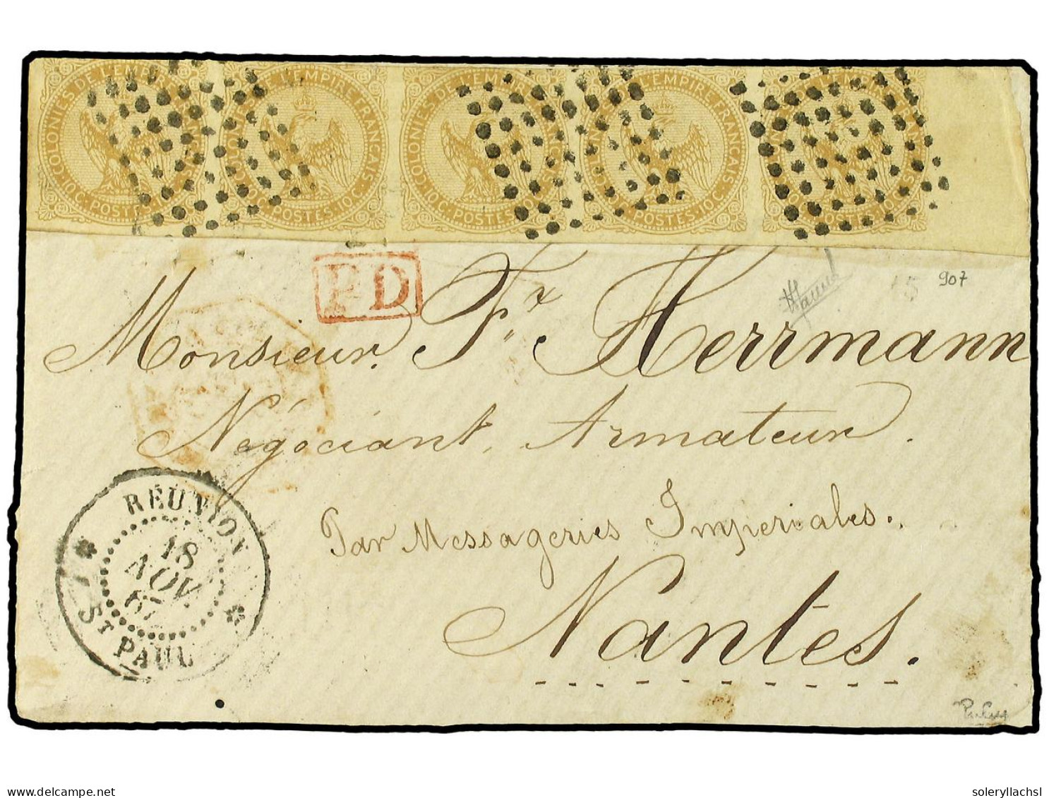 REUNION. 1867 (Nov 18). Cover From St. Paul To Nantes Franked By Sheet Marginal Strip Of Five 1859-65 10c Bistre Cancell - Other & Unclassified