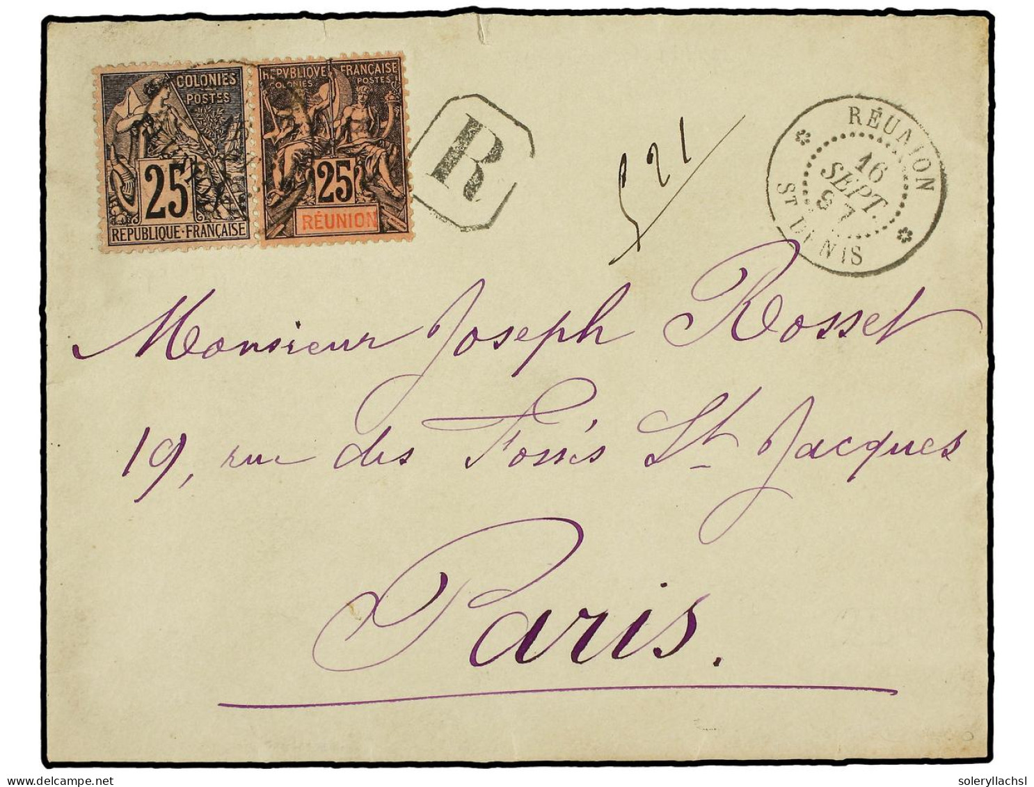 REUNION. 1897 (Sept. 16). Cover To PARIS With Mixed Franking Of General Issues Dubois 1881 25c. Black On Lilac And 1893  - Other & Unclassified