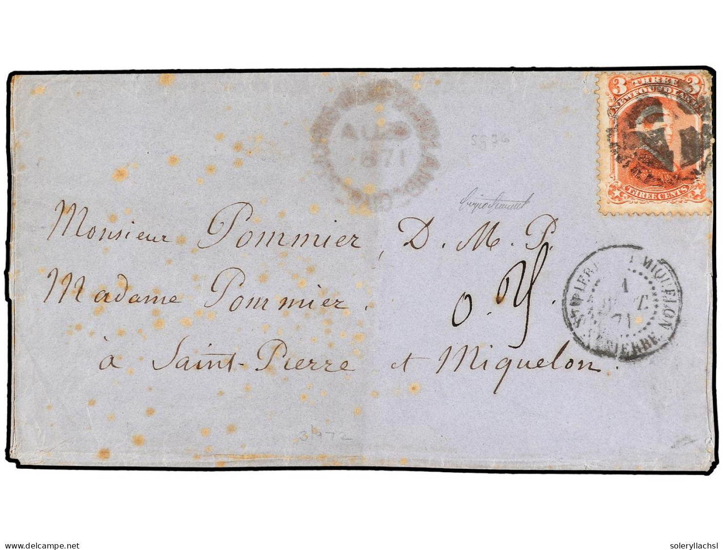 SAN PEDRO Y MIQUELON. 1871 (Aug 29). ST. JOHN'S To ST. PIERRE MIQUELON. Cover To St. Pierre Miquelon Bearing Scarce 1870 - Andere & Zonder Classificatie