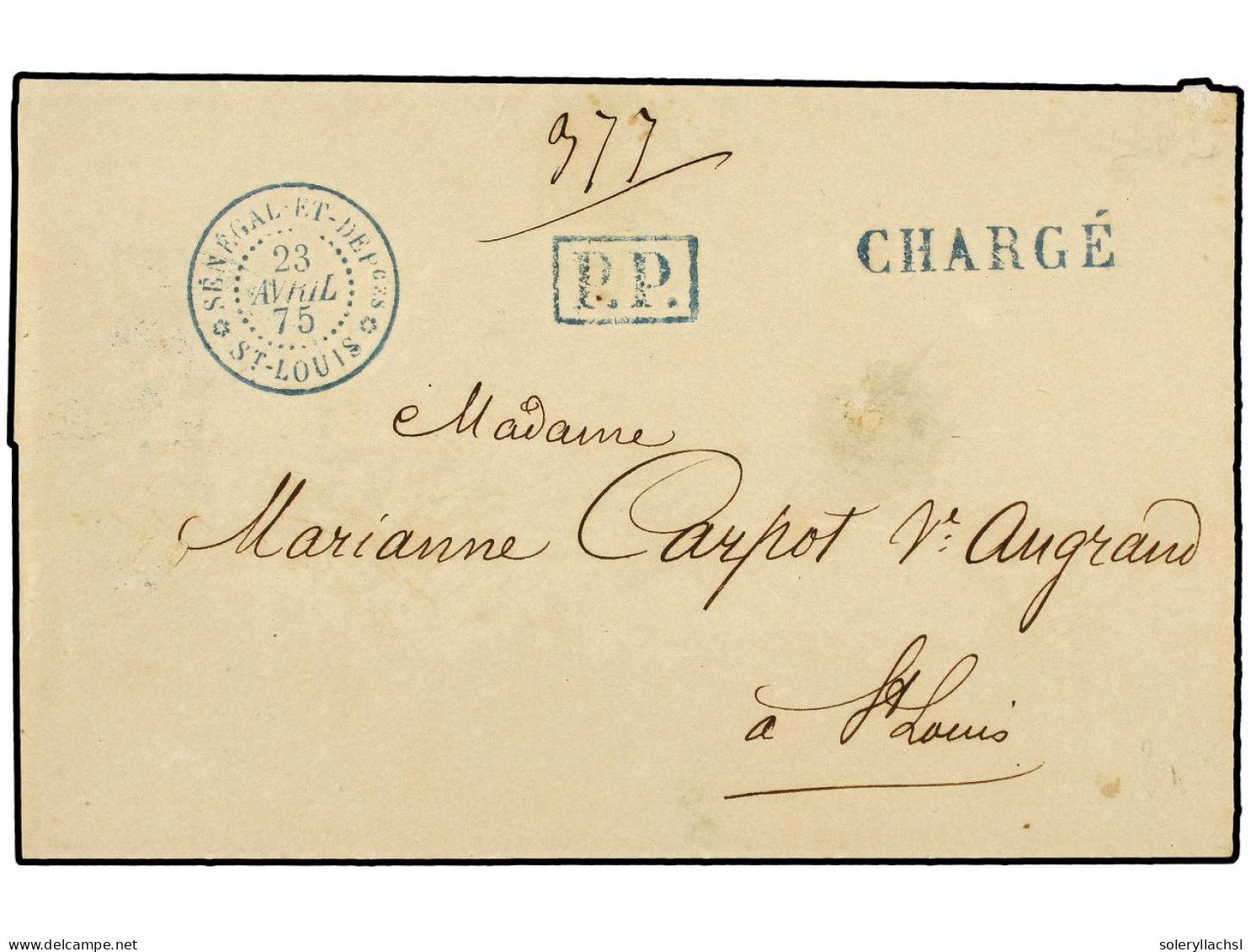 SENEGAL. 1875 (April 23). Registered Cover, Side Flaps Removed, Locally Used With Framed P.P. Straight Line CHARGÉ And S - Autres & Non Classés