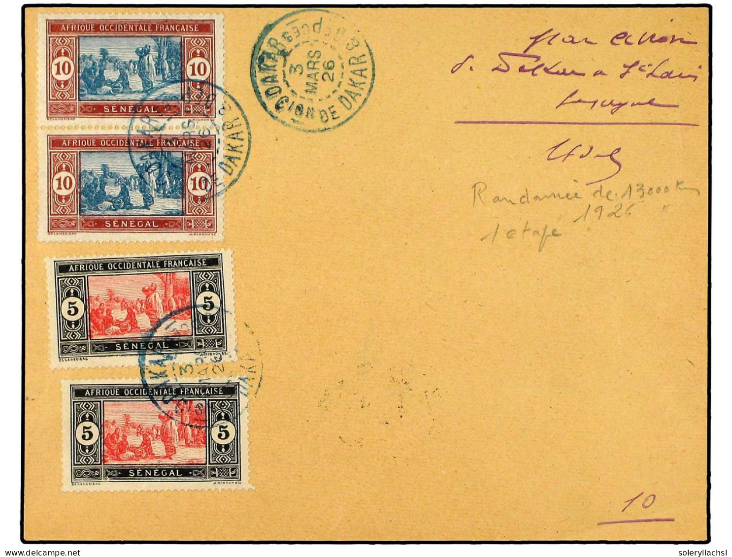 SENEGAL. 1926 (3-III). VUELO Especial DAKAR-ST. LOUIS. Carta Con Franqueo De 5 Cts. (2) Y 10 Cts. Con Firma Autógrafa De - Autres & Non Classés