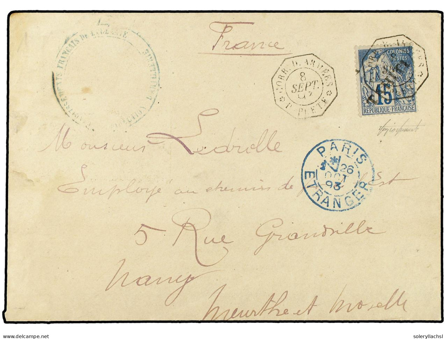 TAHITI. 1893 (Sept 8). Cover To Nancy At Concessionary Soldier's Rate, Franked By Diagonally Surcharged (reading Up To R - Autres & Non Classés