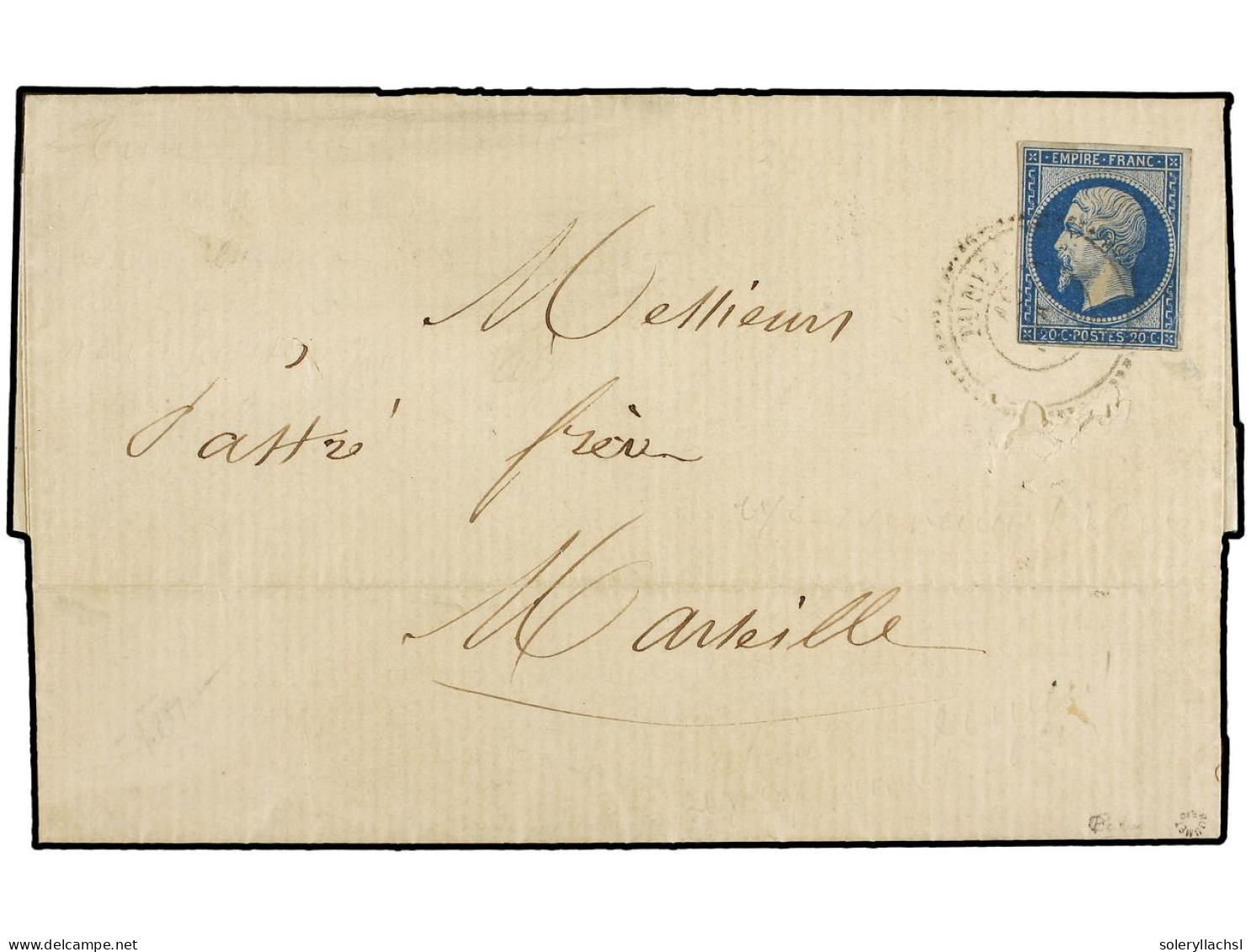TUNEZ. 1862. Entire Letter To MARSEILLE Franked By Imperf 20 C. Blue Empire Tied By Dotted TUNIS Cds In Black For 'Port  - Sonstige & Ohne Zuordnung