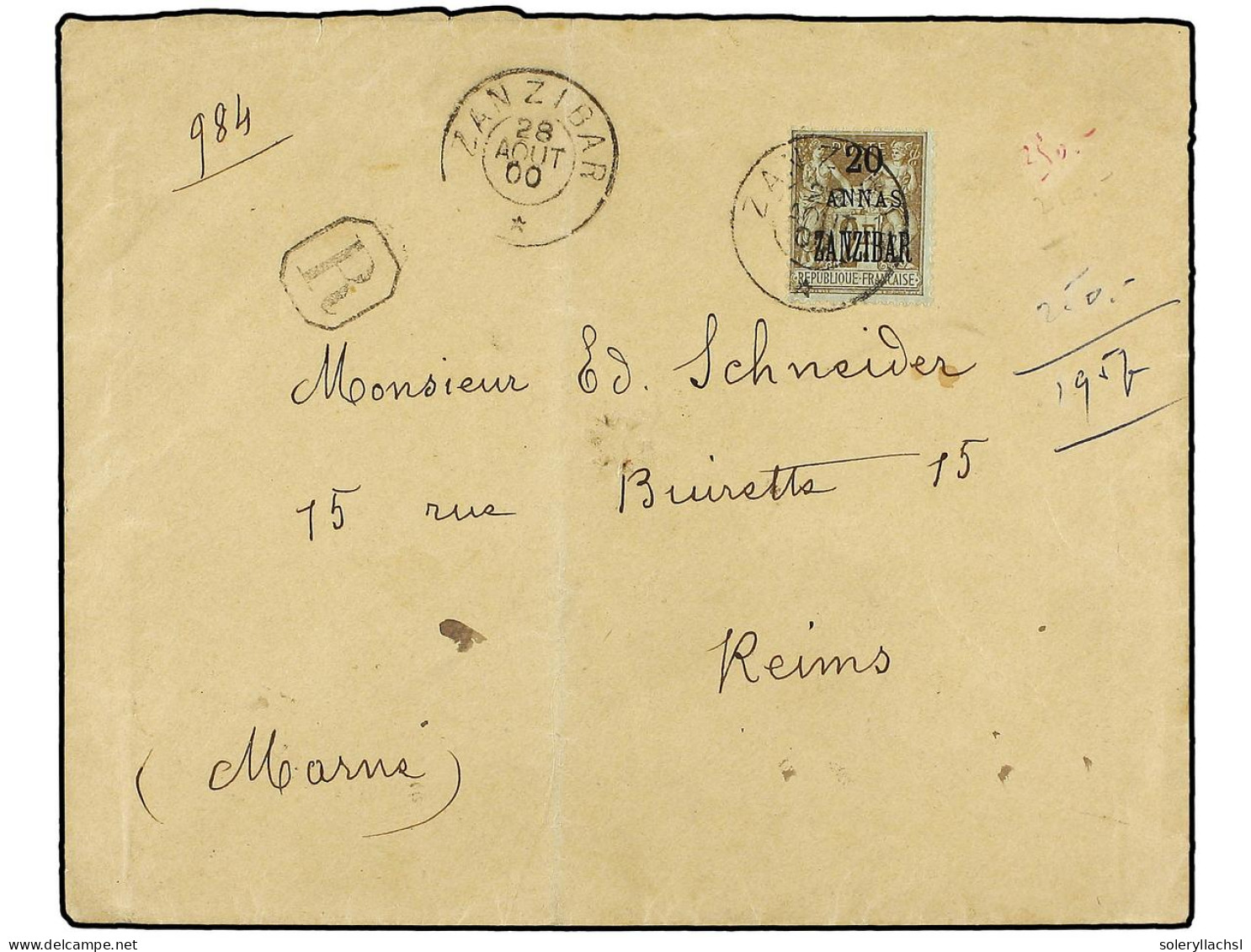 ZANZIBAR. 1900 (Aug 28). Registered Cover To REIMS Franked By 1896 20a. On 2fr. Blistre On Azure Tied By ZANZIBAR Cds In - Other & Unclassified