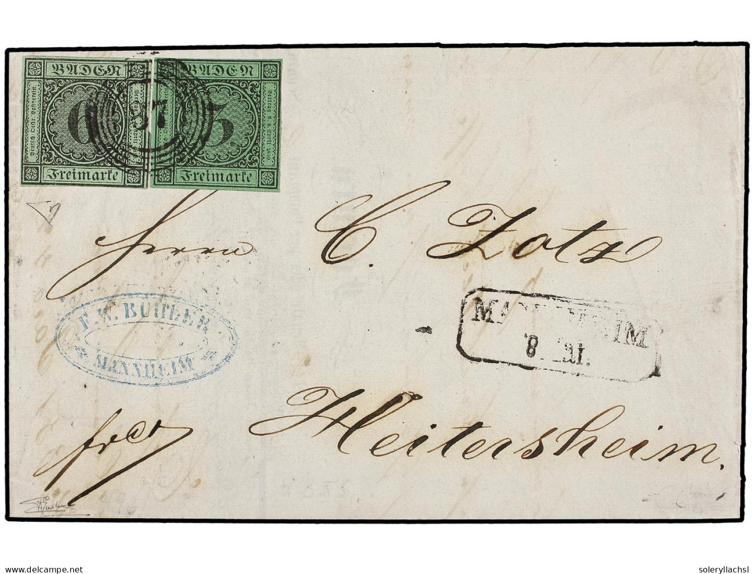 ALEMANIA ANTIGUOS ESTADOS: BADEN. 1855. MANNHEIM To HEITERSHEIM. 3 Kr. Black On Green And 6 Kr. Black On Green (Mi. 3b,  - Sonstige & Ohne Zuordnung