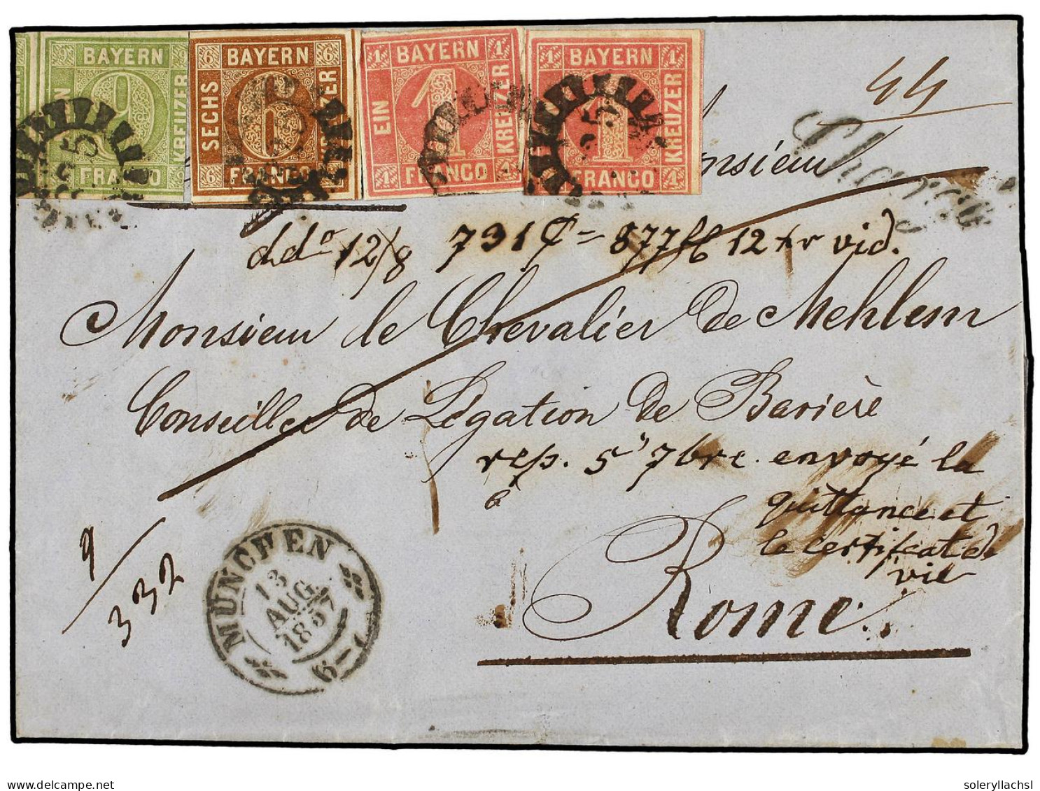 ALEMANIA ANTIGUOS ESTADOS: BAVIERA. 1857. Registered Cover From MUNICH To ROME Franked By 1kr. Rose-red (2), 6kr. Brown  - Sonstige & Ohne Zuordnung