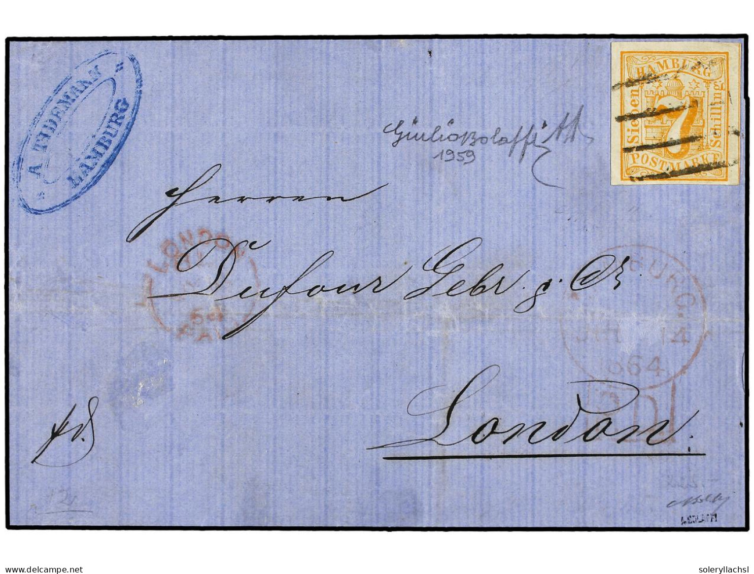 ALEMANIA ANTIGUOS ESTADOS: HAMBURGO. 1864. HAMBURG To LONDON. 7 Sh. Orange. Very Fine Cover. - Other & Unclassified