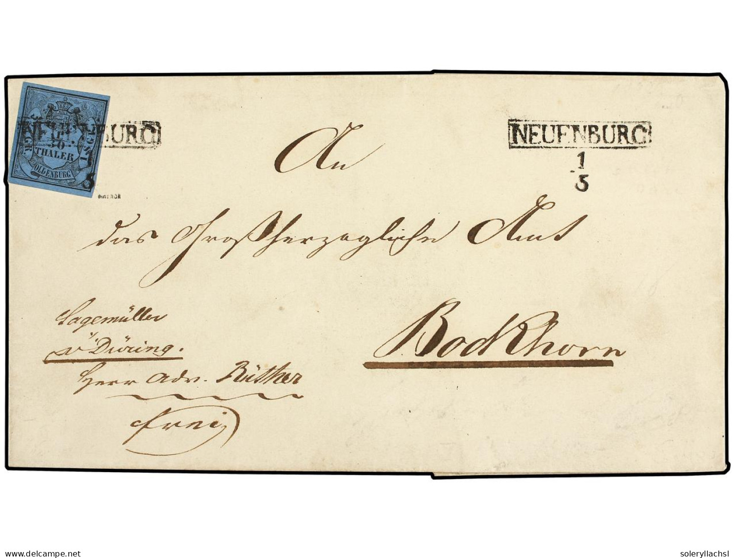 ALEMANIA ANTIGUOS ESTADOS: OLDENBURGO. 1852. 1/30 Thaler Black On Blue, Fine Example On Attractive Outer Letter Sheet To - Andere & Zonder Classificatie