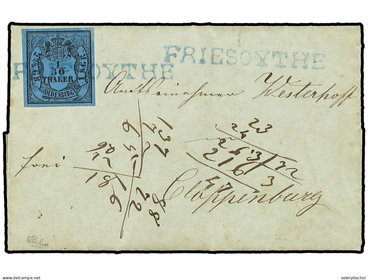 ALEMANIA ANTIGUOS ESTADOS: OLDENBURGO. 1853 (Dec 28). Entire Letter To CLOPPENBURG Franked By 1852 1/30 Thaler Black On  - Sonstige & Ohne Zuordnung