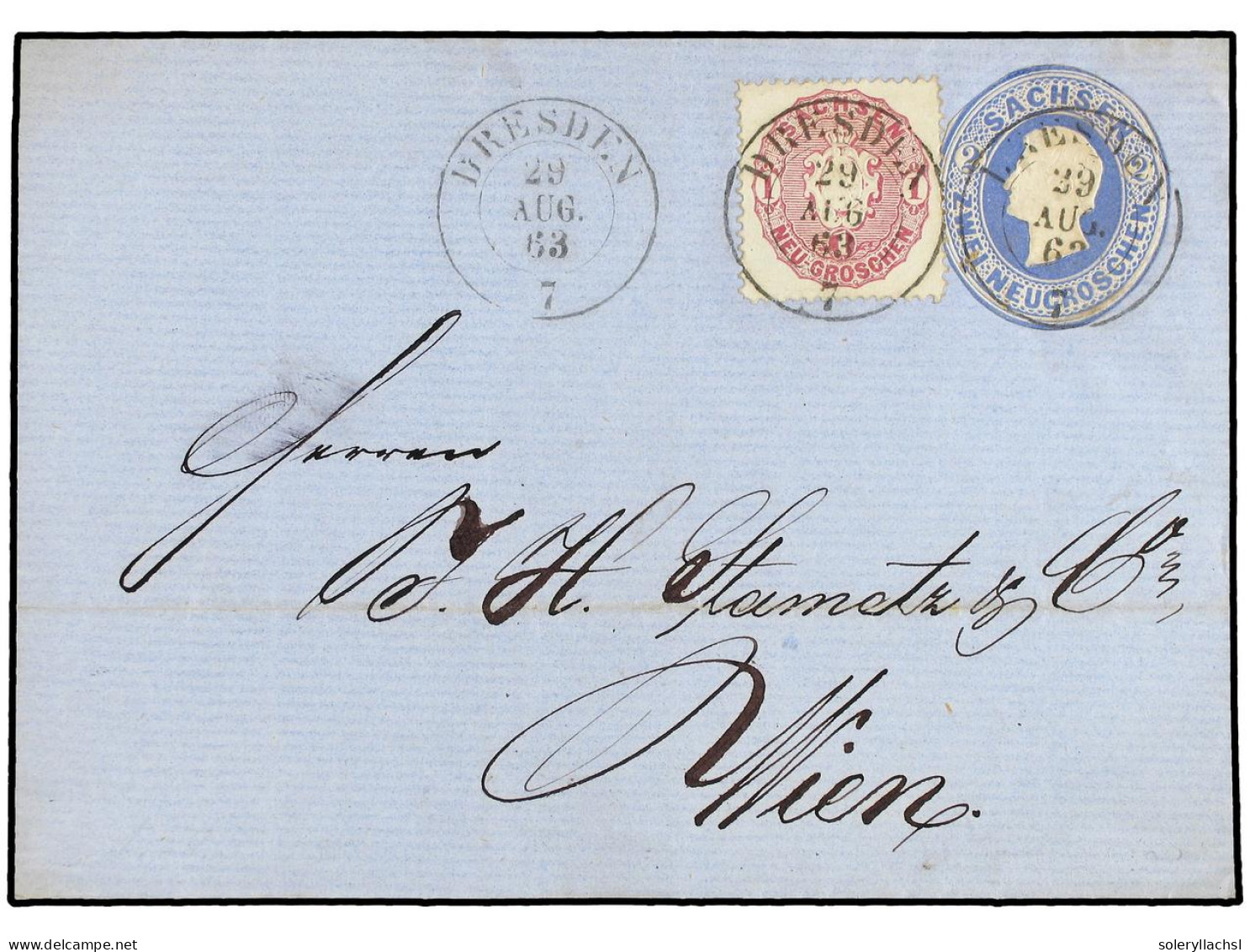 ALEMANIA ANTIGUOS ESTADOS: SAJONIA. 1863 (Aug 29). Cover To VIENNA Franked By Unusual Usage Of 1863 1ngr. Rose Red And P - Otros & Sin Clasificación