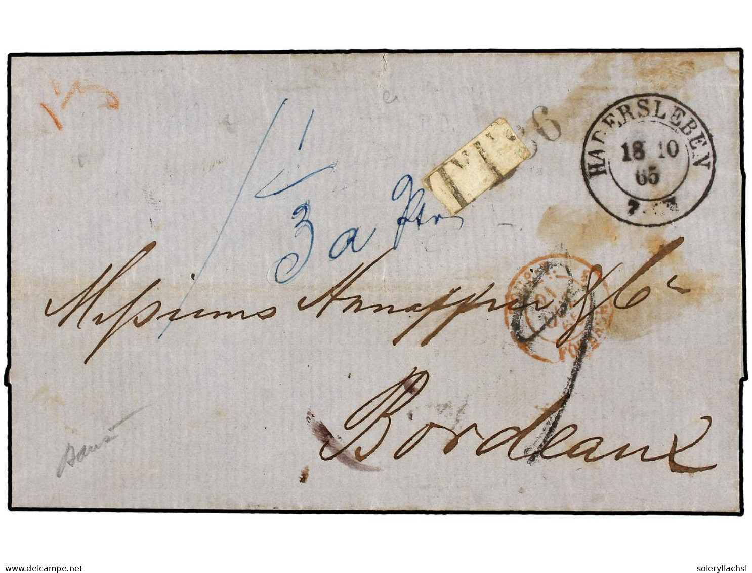 ALEMANIA ANTIGUOS ESTADOS: SCHLESWIG-HOLSTEIN. 1865. HADERSLEBEN To FRANCE. Entire With P.D. Mark Rectified With A Label - Other & Unclassified