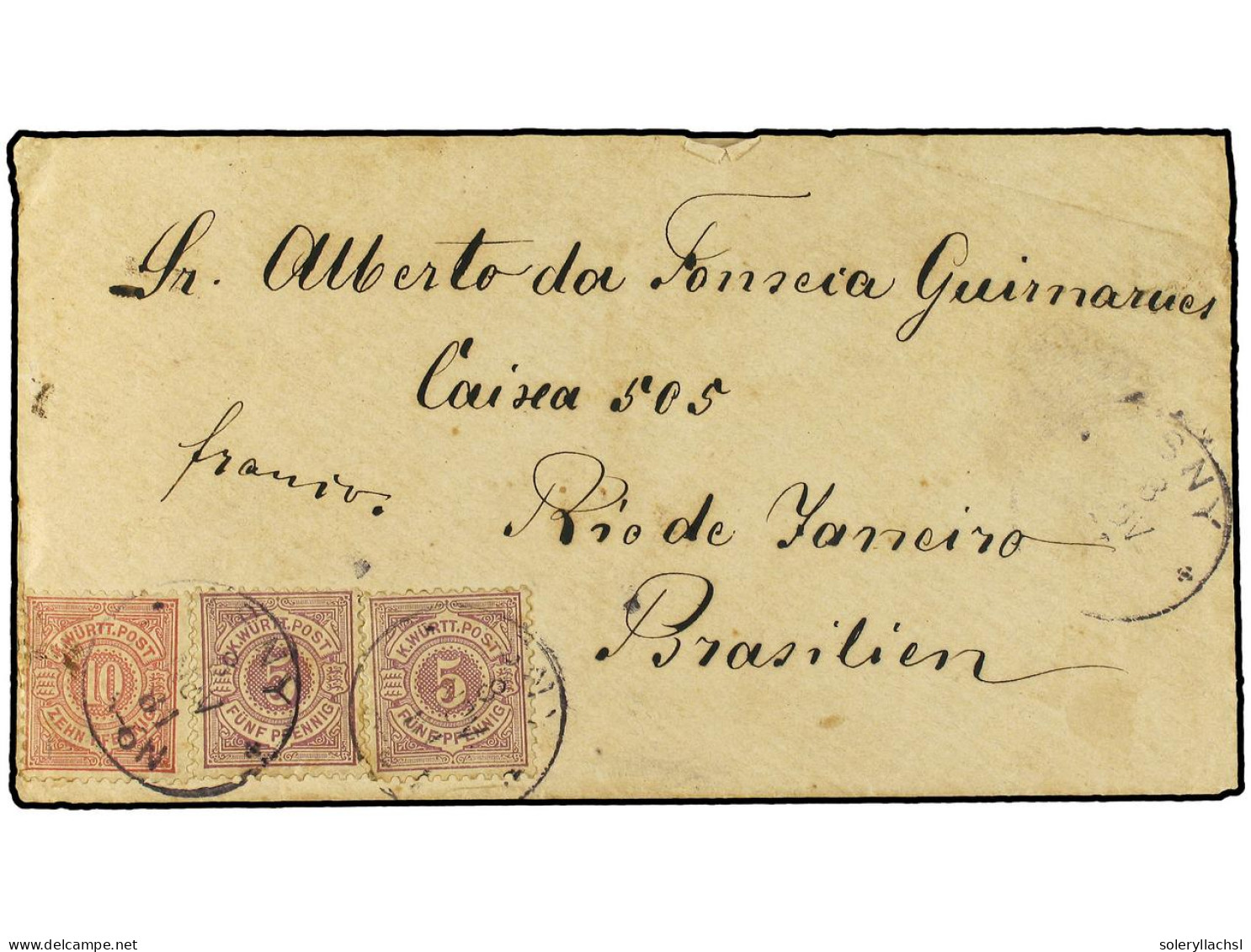 ALEMANIA ANTIGUOS ESTADOS: WURTEMBERG. 1881. WURTEMBERG A RIO DE JANEIRO (Brasil). 5p. Lila (2) Y 10p. Carmín. Fechador  - Sonstige & Ohne Zuordnung