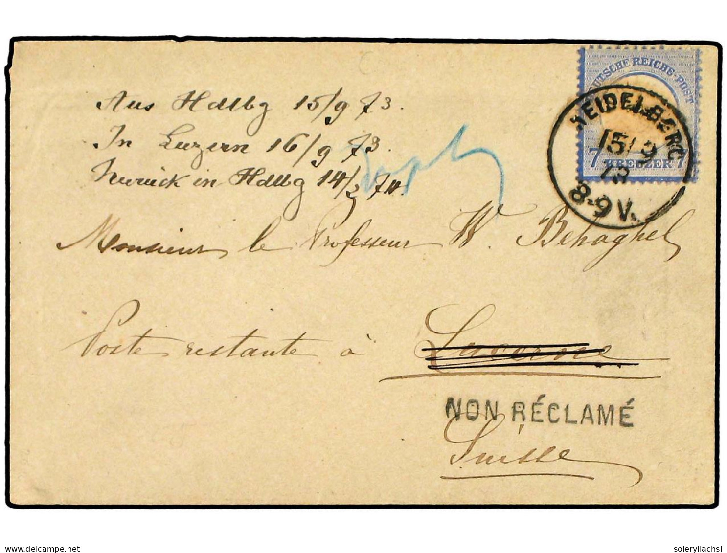 ALEMANIA. 1873 (Sept 15). Cover To Lucerne, Switzerland Franked By 1872 Large Shield 7 Kr. Blue Tied By Neat Heidelberg  - Otros & Sin Clasificación