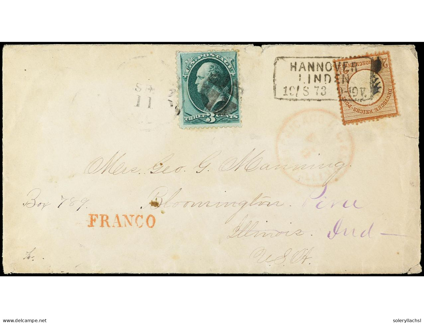 ALEMANIA. 1873. IMPERIO. HANNOVER A ILLINOIS Y Redirigido Interiormente Con Sello De 3 Cts. Verde (Sc. 136). Rara Combin - Other & Unclassified