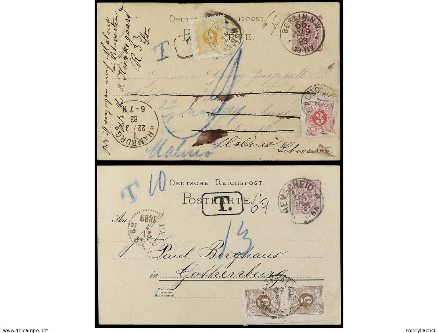 ALEMANIA. 1883-89. 2 Card With Sweden Postage Due Stamps. - Andere & Zonder Classificatie