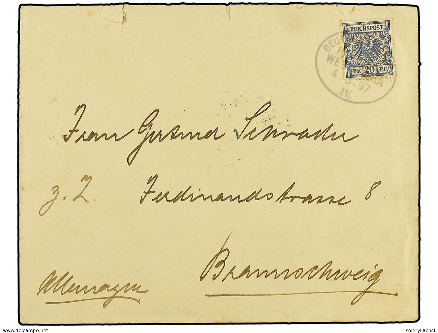 MARRUECOS ALEMAN. 1897 (Aug 4). Cover From SAFFI To BREMEN With Toned 20pf. Ultramarine Tied By Oval DEUTSCHE SEEPOST-LI - Andere & Zonder Classificatie