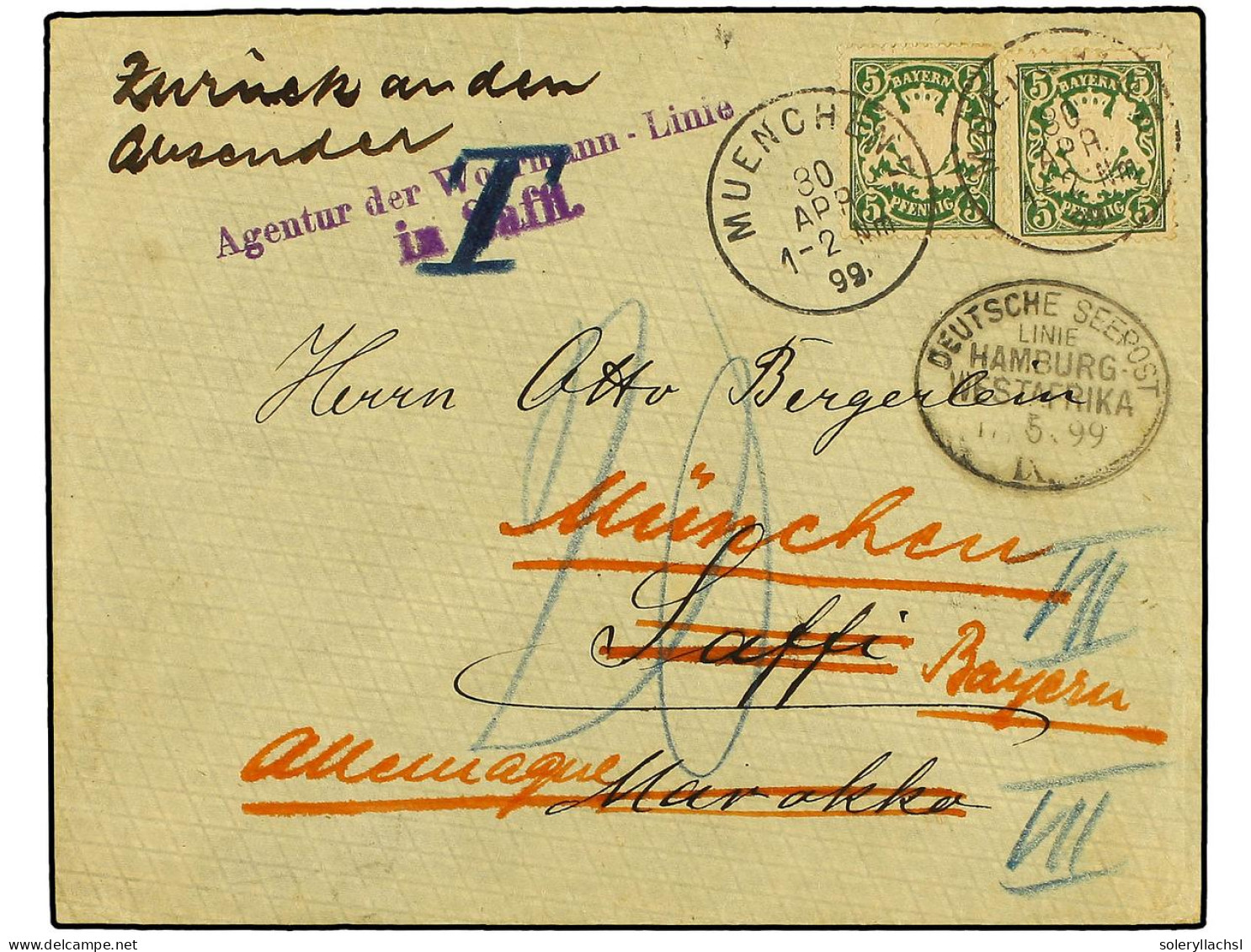 MARRUECOS. 1899 (April 30). Cover Bearing Embossed 5pf. Green (2) Used To SAFFI/MOROCCO Cancelled By MUNICH Despatch Cds - Autres & Non Classés