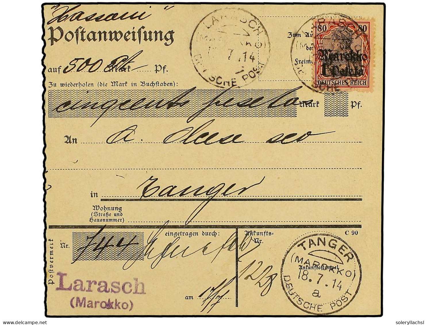 MARRUECOS ALEMAN. 1914 (July 17). LARACHE. Money Order Form Used To TANGIER Franked By Single Usage Of Gothic April 1911 - Sonstige & Ohne Zuordnung
