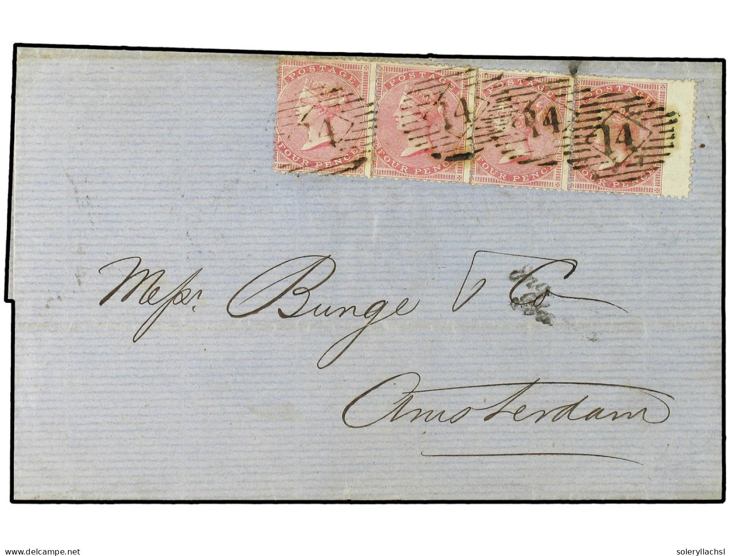 GRAN BRETAÑA. 1857(May 16). Cover To Amsterdam Franked By Very Fine Strip Of Four 1857 4d Rose All Tied By London '14' N - Andere & Zonder Classificatie