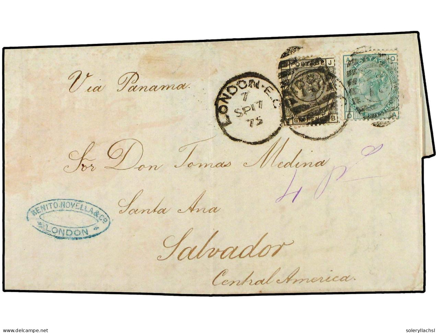 GRAN BRETAÑA. 1875(Sept 17th). Entire Letter Endorsed 'Via Panama' To SALVADOR At 1s 6d Rate For Less Than ½ Ounce Frank - Otros & Sin Clasificación