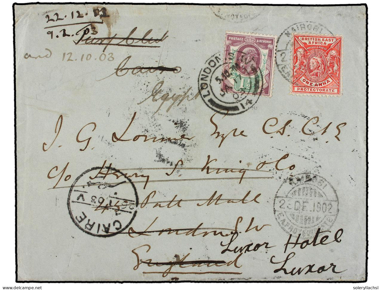 AFRICA ORIENTAL BRITANICA. 1902. NAIROBI To LONDON. 1 Anna Red And Redirected To Egypt With GB 1 1/2 D. Unusual Combinat - Other & Unclassified