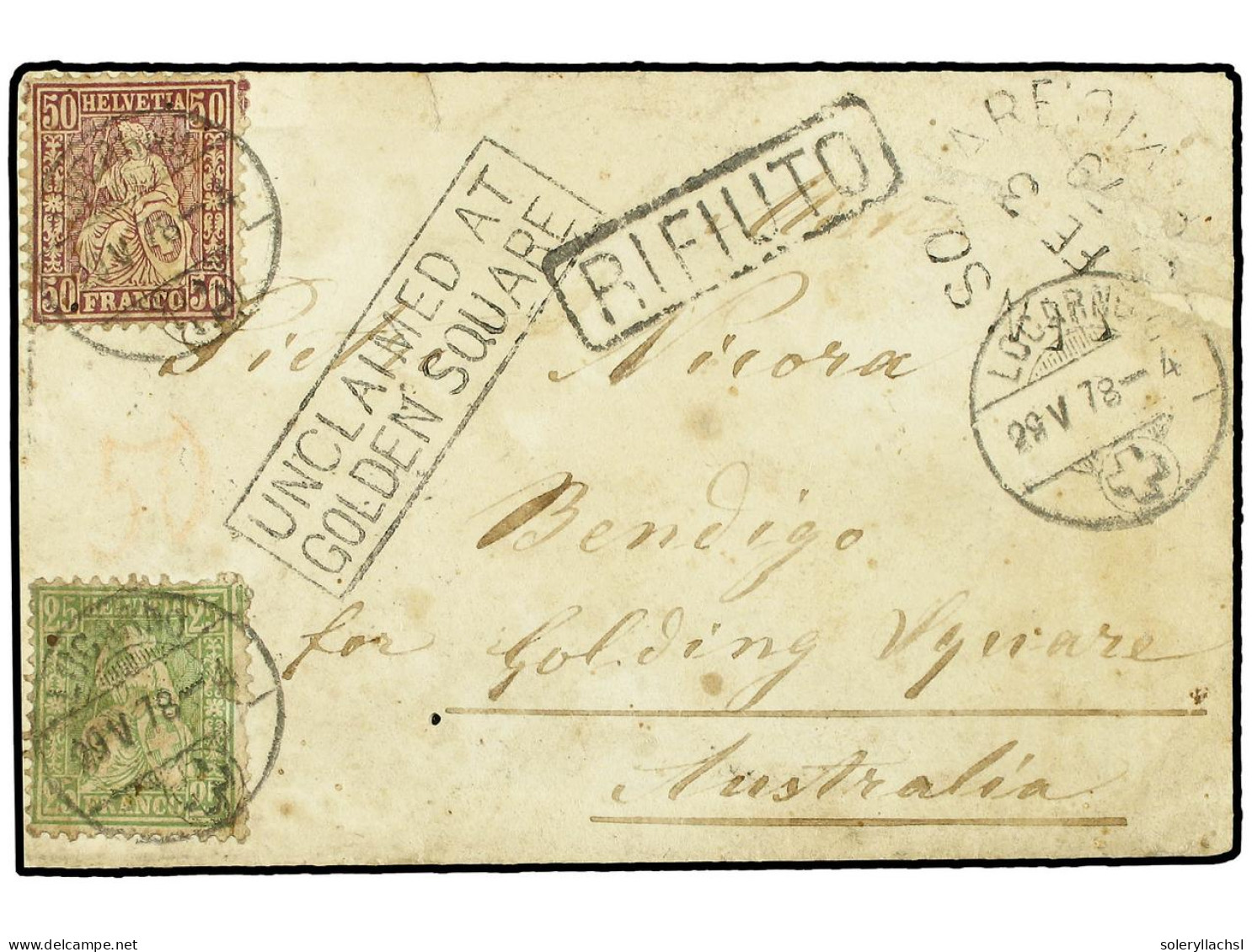 AUSTRALIA. 1878 (May 28). Small Envelope To Bendigo (Victoria Mining District) Franked By 1867 25c. Green And 50c. Maroo - Autres & Non Classés