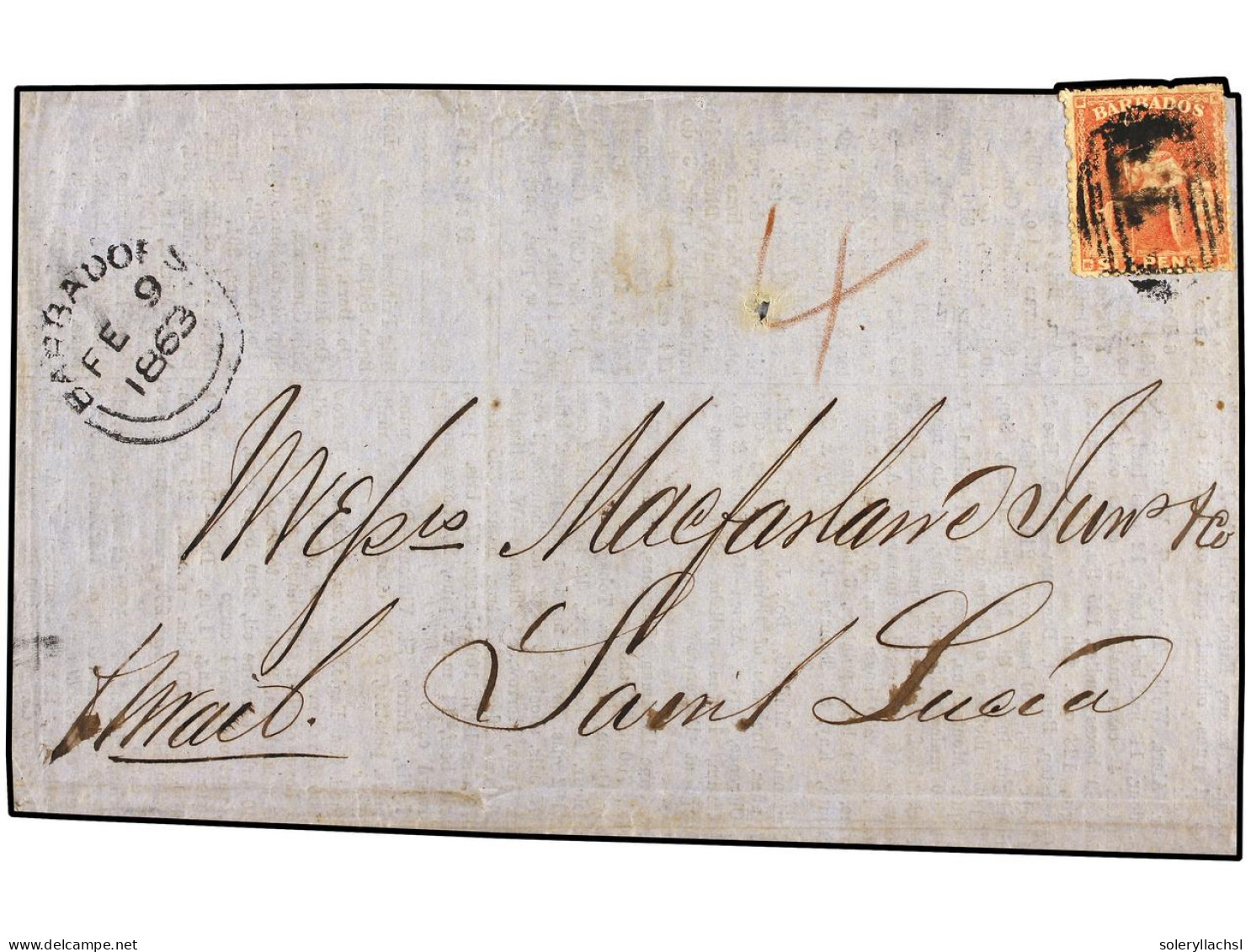 BARBADOS. 1863. 6 D. Rose-red, Fresh Colour, Slightly Attached Over Edge On Cover, Oblit. With Oval Barred Canc. Cds BAR - Other & Unclassified