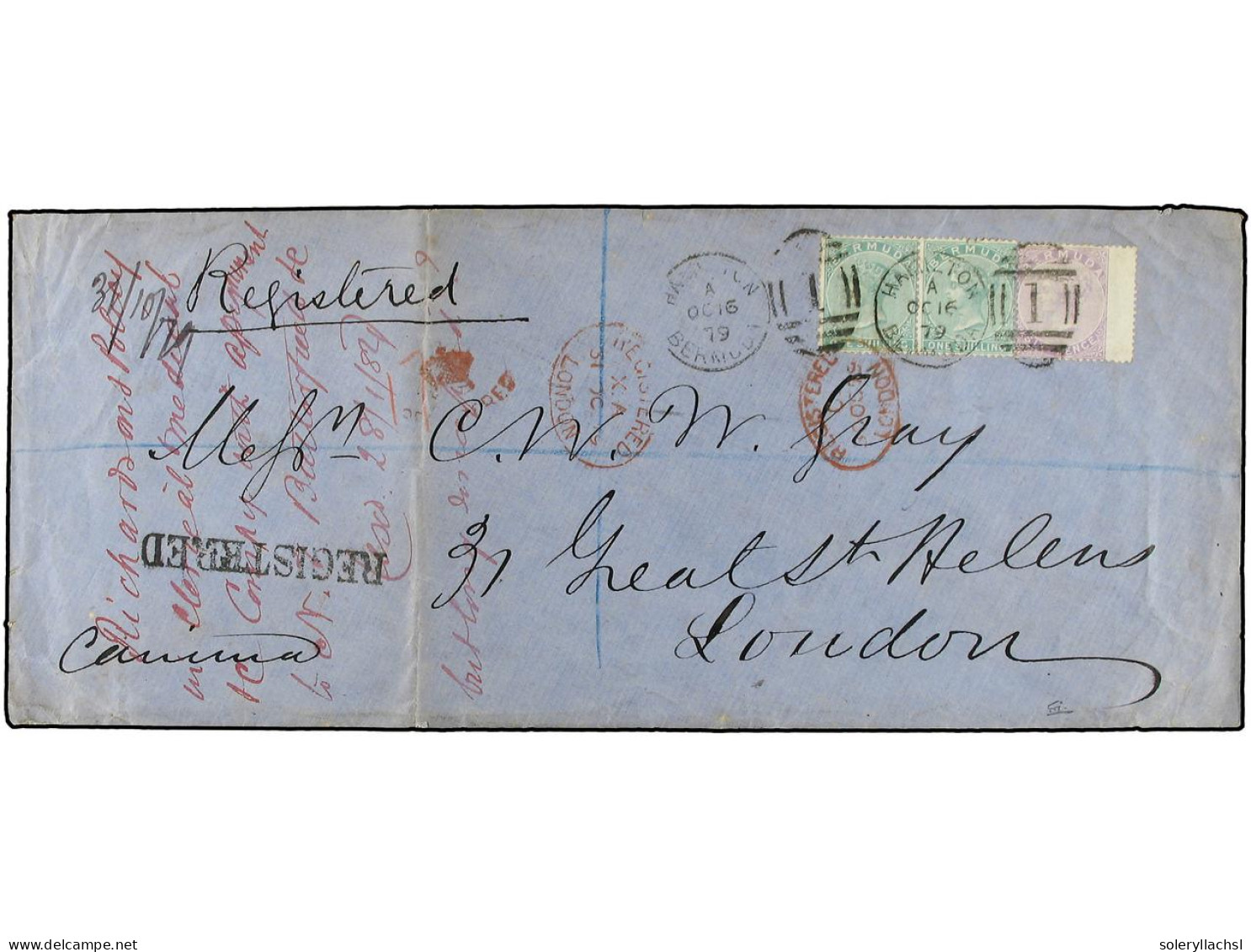 BERMUDAS. 1879 (Oct 16). Registered Cover To LONDON Franked By 1865-74 6d. Dull Mauve And Horizontal Pair Of 1sh. Green  - Autres & Non Classés