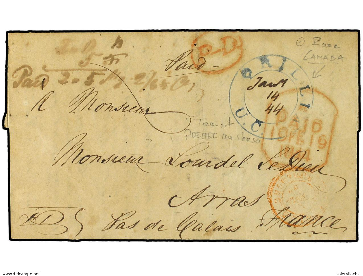 CANADA. 1844. Pre-stamp Envelope To FRANCE Cancelled By ORILLIA U.C. Double Ring In Blue With Date In Manuscript Routed  - Other & Unclassified