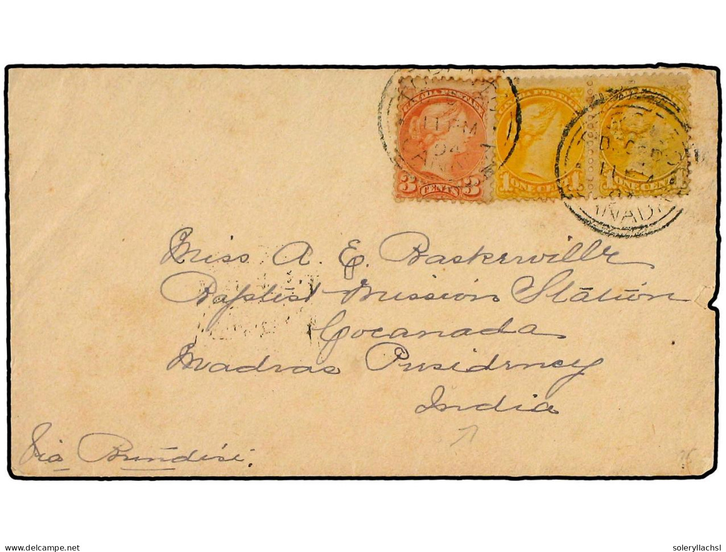 CANADA. 1894 (Dec 11). Cover From TORONTO To MADRAS, India Franked By Small Queens 1 C. Yellow Pair And Single 3 C. Rose - Other & Unclassified