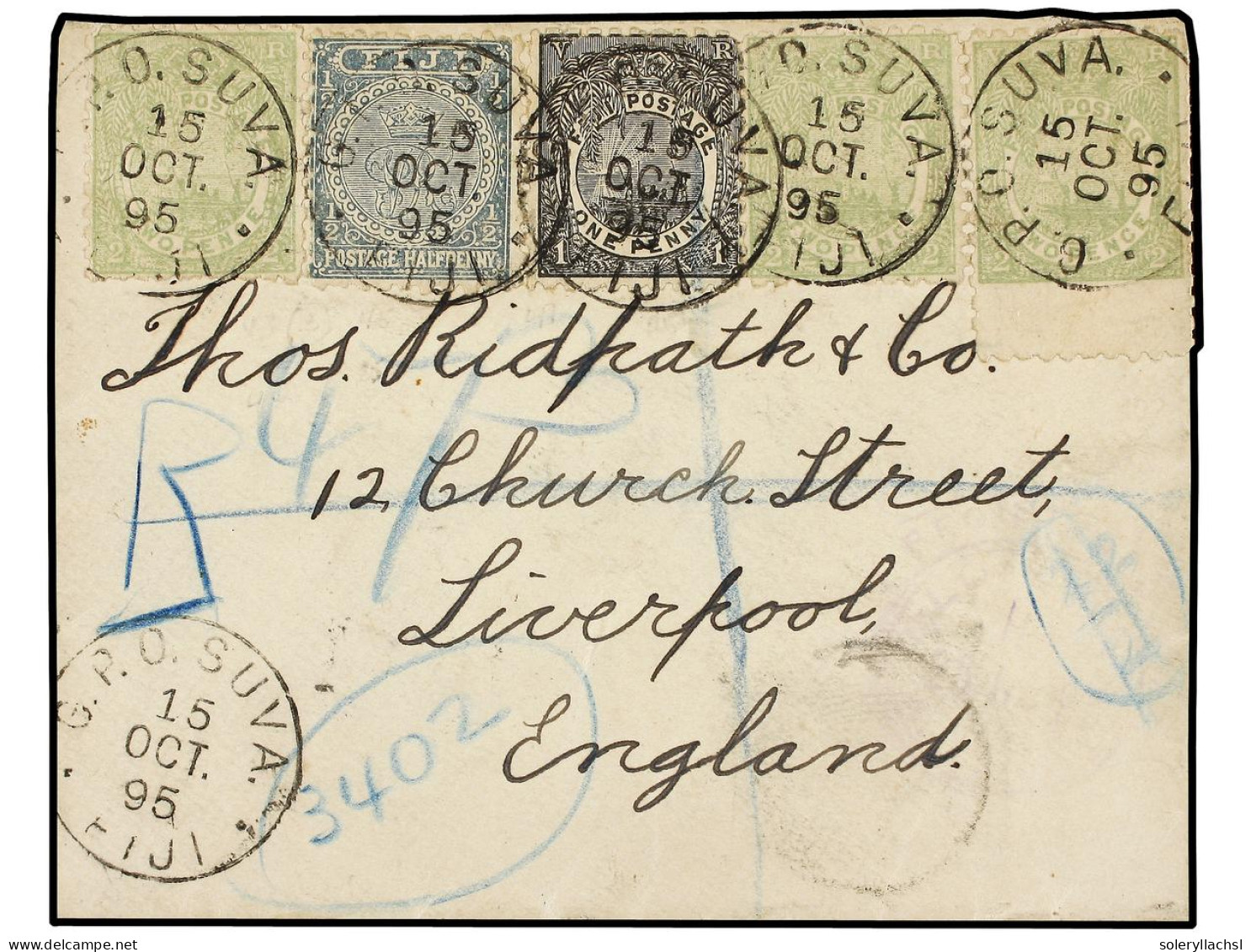 FIJI. 1895 (Oct. 15th). Small, Attractive Envelope Registered From SUVA To LIVERPOOL Bearing 1/2d. Slate-grey, 1d. Black - Altri & Non Classificati
