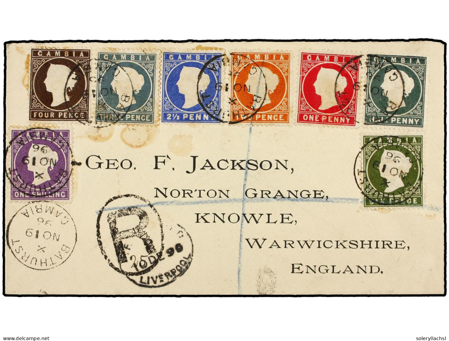 GAMBIA. 1896. BATHURST To ENGLAND. Complete Set On Registered Cover. Fine And RARE. Arrival On Back. SG.21/35. - Autres & Non Classés