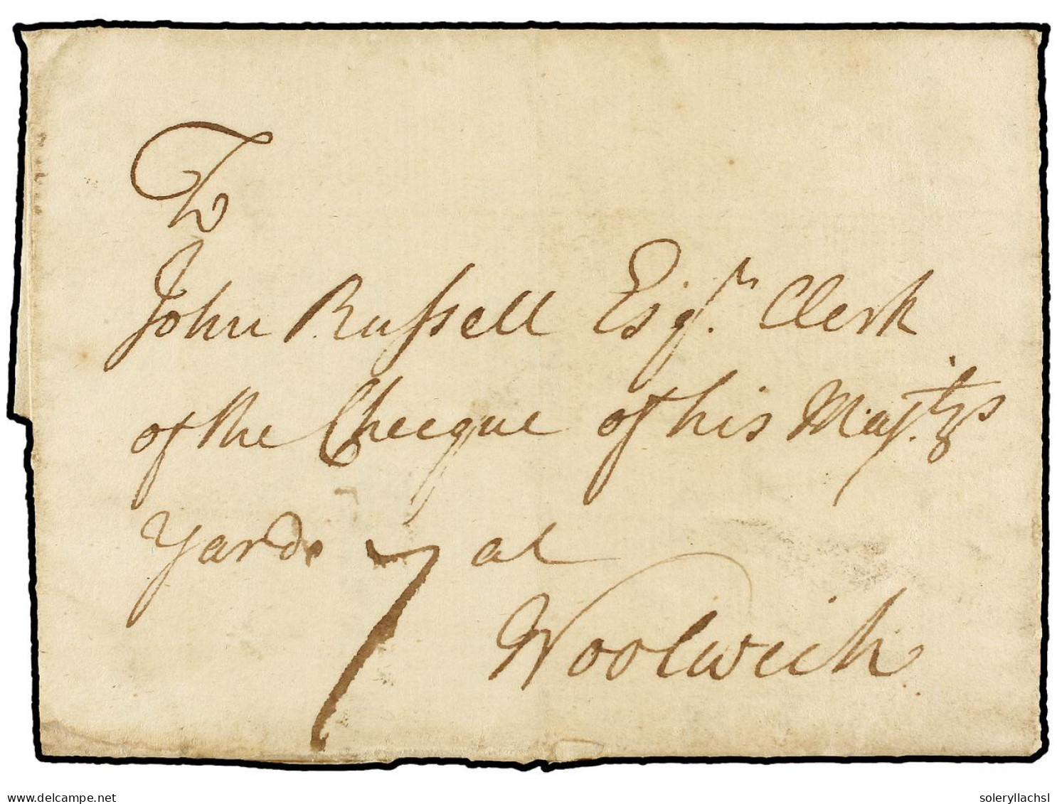 GIBRALTAR. 1734. GIBRALTAR To WOOLWICH. Entire Letter With London BISHOP Mark, Charged '7'. A Very Early Ship Letter. - Sonstige & Ohne Zuordnung