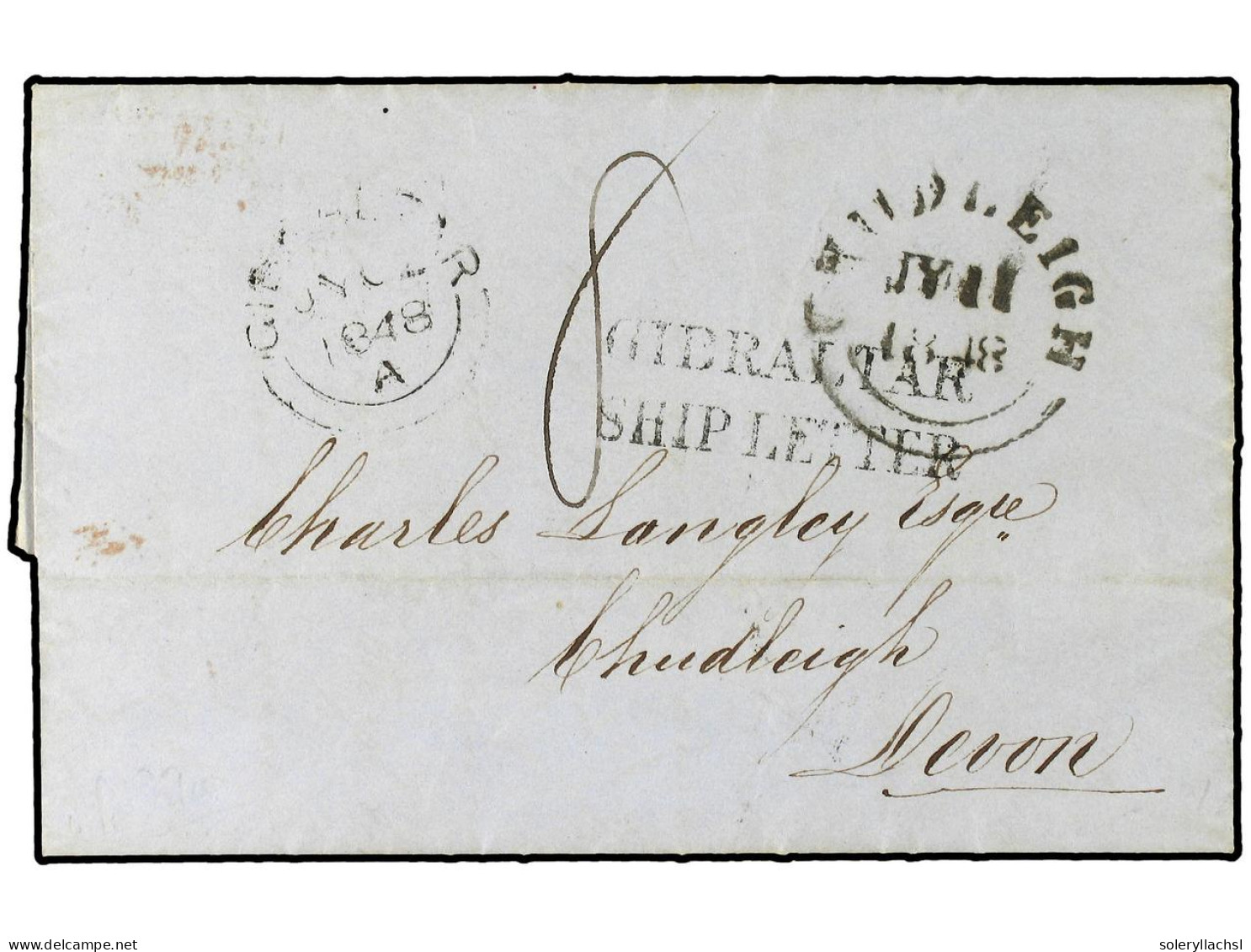 GIBRALTAR. 1848 (July 2). Entire Letter To Chudleigh, Devon Carried On The 'Euxine' Under Captain Wilson, With Gibraltar - Otros & Sin Clasificación