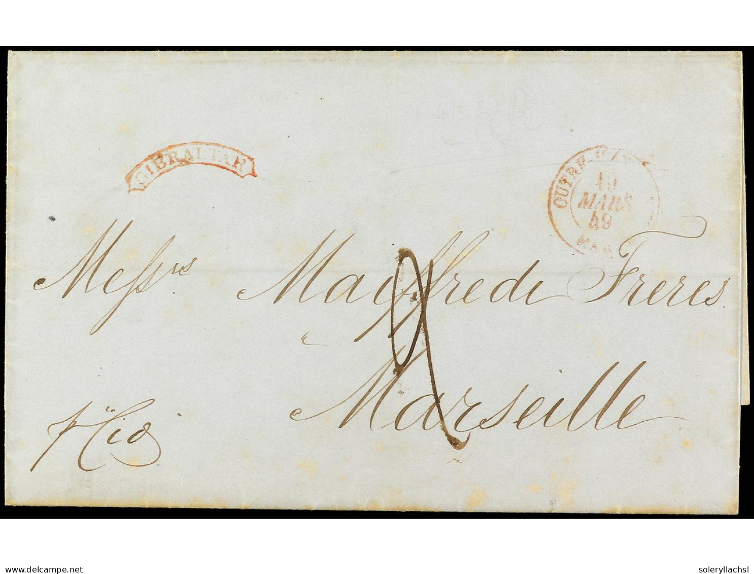 GIBRALTAR. 1849 (9 Mayo). OFICINA POSTAL BRITÁNICA. Envuelta (wrapper) De GIBRALTAR A MARSELLA. Marca Arqueada En Rojo G - Autres & Non Classés