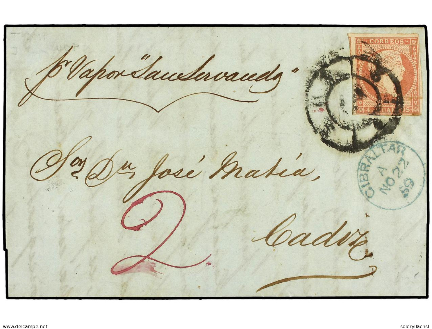 GIBRALTAR. 1859. GIBRALTAR To CADIZ. Endorsed 'Por Vapor Pensamiento', Manuscript '2' Pence Ship Letter Rate Paying In C - Andere & Zonder Classificatie