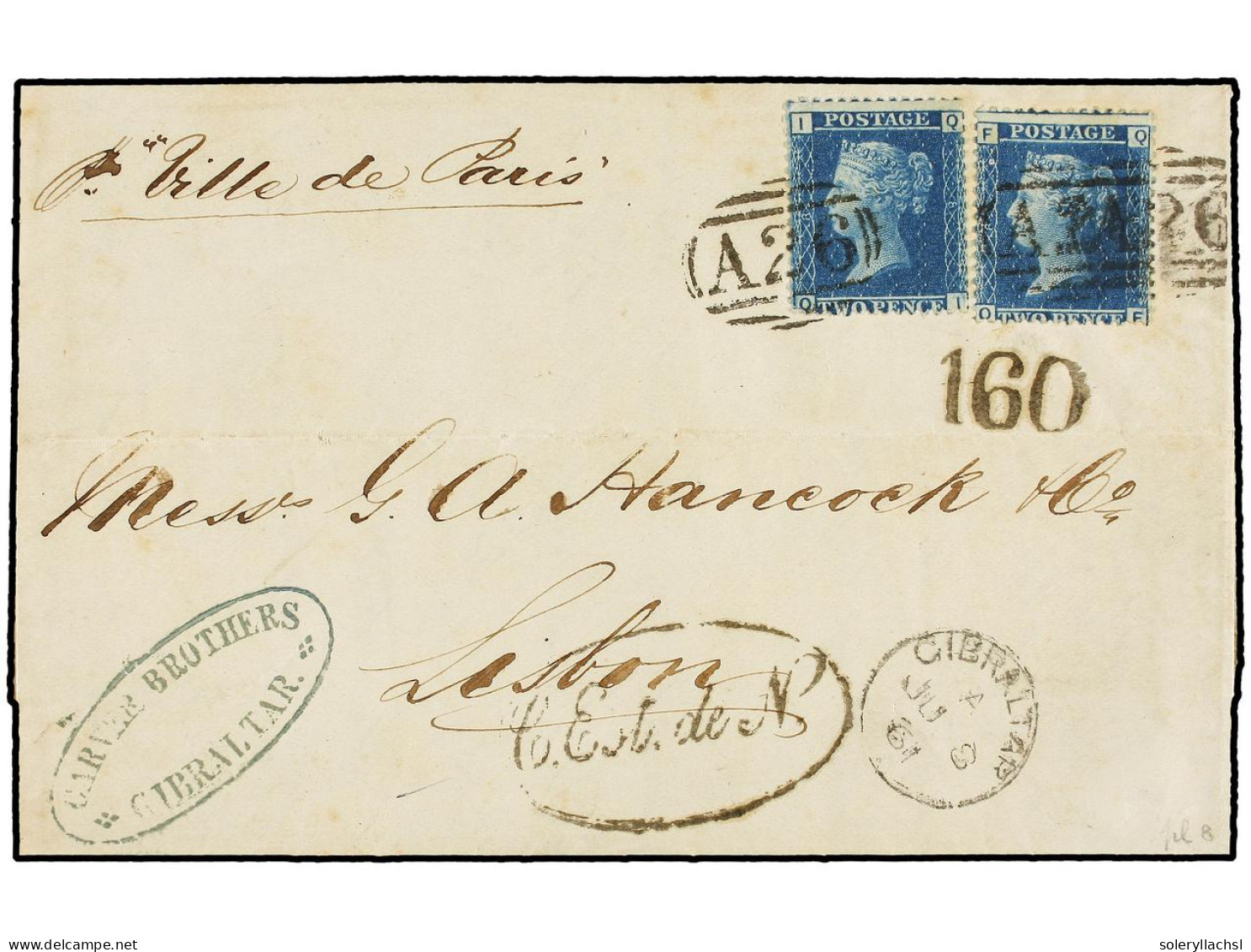 GIBRALTAR. 1861. GIBRALTAR To LISBON. Entire Letter Franked With Two GB 2 D. Blue Stamp, Cancelled With A26, Endorsed 'p - Sonstige & Ohne Zuordnung