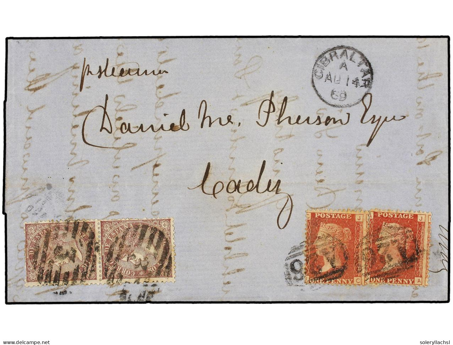 GIBRALTAR. 1869. Entire Letter From GIBRALTAR To CADIZ Endorsed 'p. Steamer' Franked By Great Britain 1d. Red (2) Tied B - Sonstige & Ohne Zuordnung