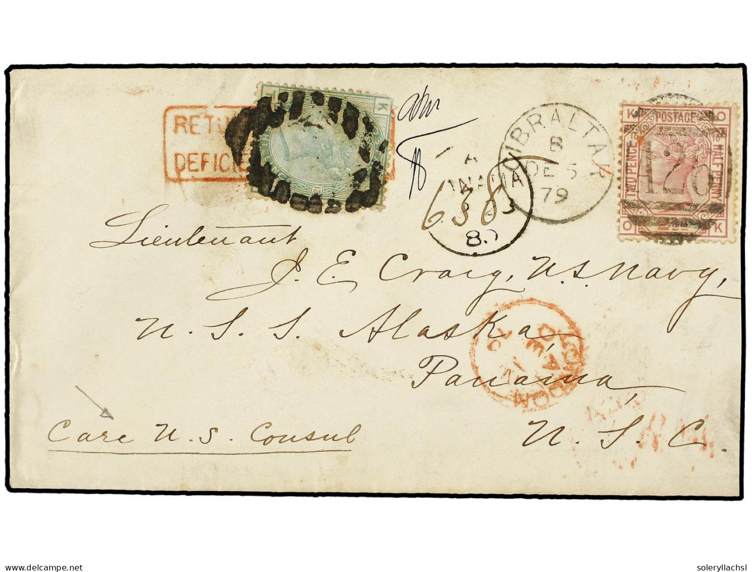 GIBRALTAR. 1879 (Dec 5). Cover To 'HMS Alaska' In Panama, Franked By Great Britain 1875 2½d. Rosy Mauve Pl. 16 Tied By G - Sonstige & Ohne Zuordnung