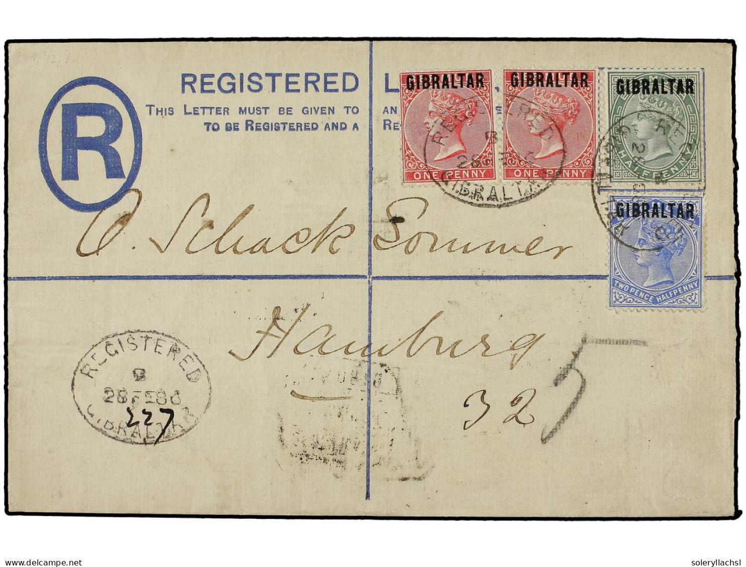 GIBRALTAR. 1886 (Feb. 28). 2 D. G Size Registered Envelope To HAMBURG, Bearing 1/2d Dull Green 1d. Red (2) And 2 1/2d. B - Sonstige & Ohne Zuordnung