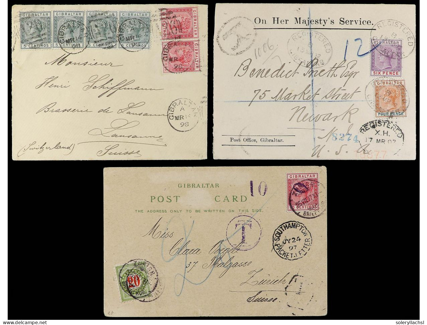 GIBRALTAR. 1897-1902. 5 Covers With Diverse Frankings, Two Of Them With Postage Due Stamps. - Autres & Non Classés