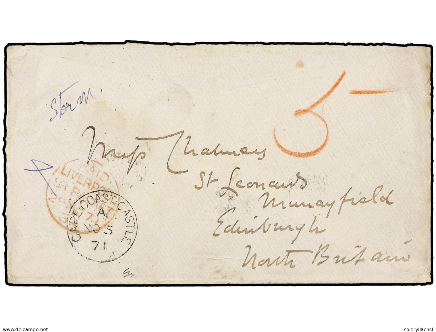 COSTA DE ORO. 1871 (Nov 5). Envelope, Embossed Seal 'Spero' On Reverse Addressed From D. Patrick Chalmers To Edinburgh W - Autres & Non Classés