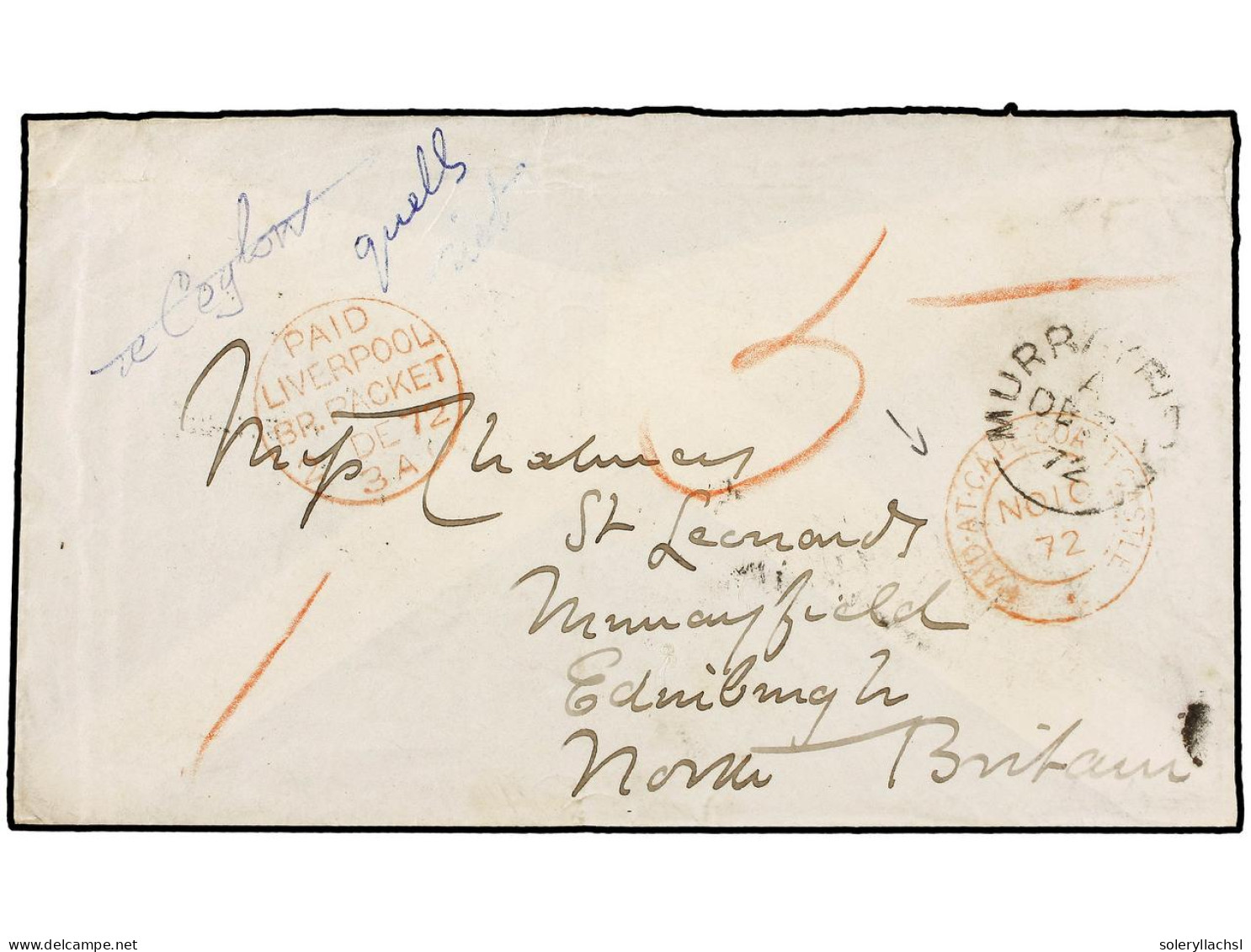 COSTA DE ORO. 1872 (Nov 10). Envelope, Crested 'Spero' On Reverse, Addressed From Cape Coast Castle To Edinburgh By D. P - Other & Unclassified