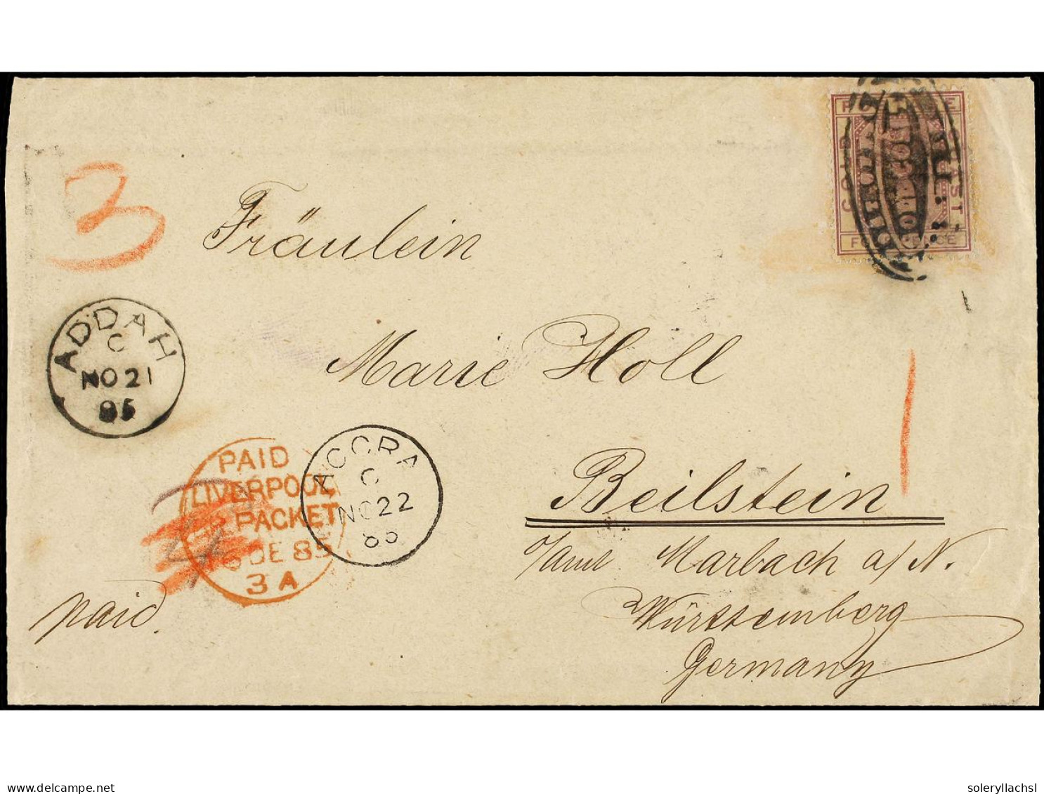 COSTA DE ORO. 1885 (Nov 21). Cover With Printed Reverse 'Basel Mission Factory, Addah' To Beilstein, Germany Franked By  - Other & Unclassified