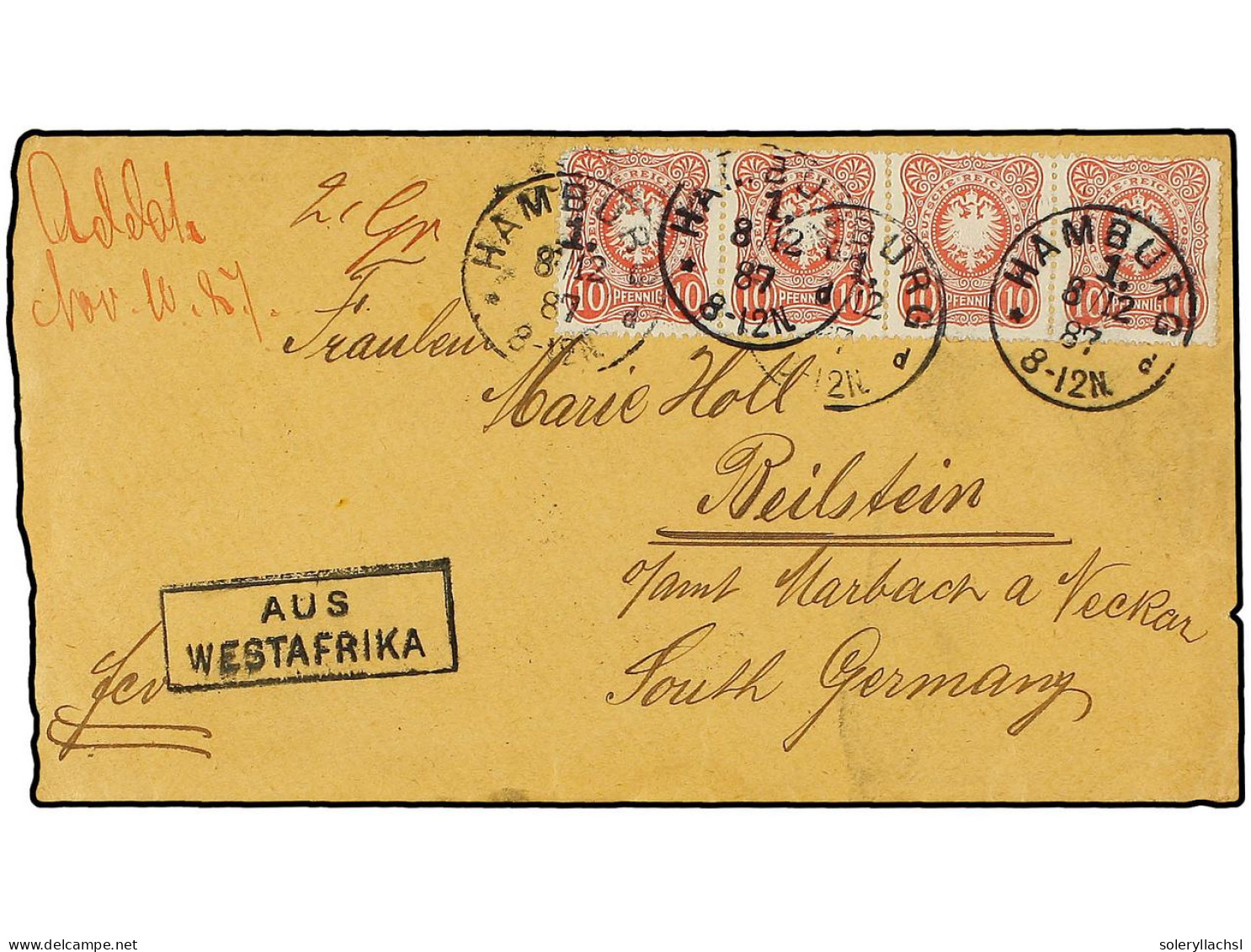 COSTA DE ORO. 1887 (Nov. 10). Cover To REILSTEIN (Germany) From The 'Basel Mission Factory' In ADDAH (Gold Coast), With  - Other & Unclassified