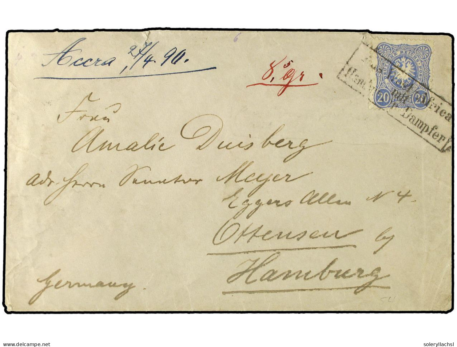 COSTA DE ORO. 1890 (April 27). Woerman Line Cover Endorsed From Accra To Hamburg With Germany 1885 20pf. Ultramarine Tie - Other & Unclassified