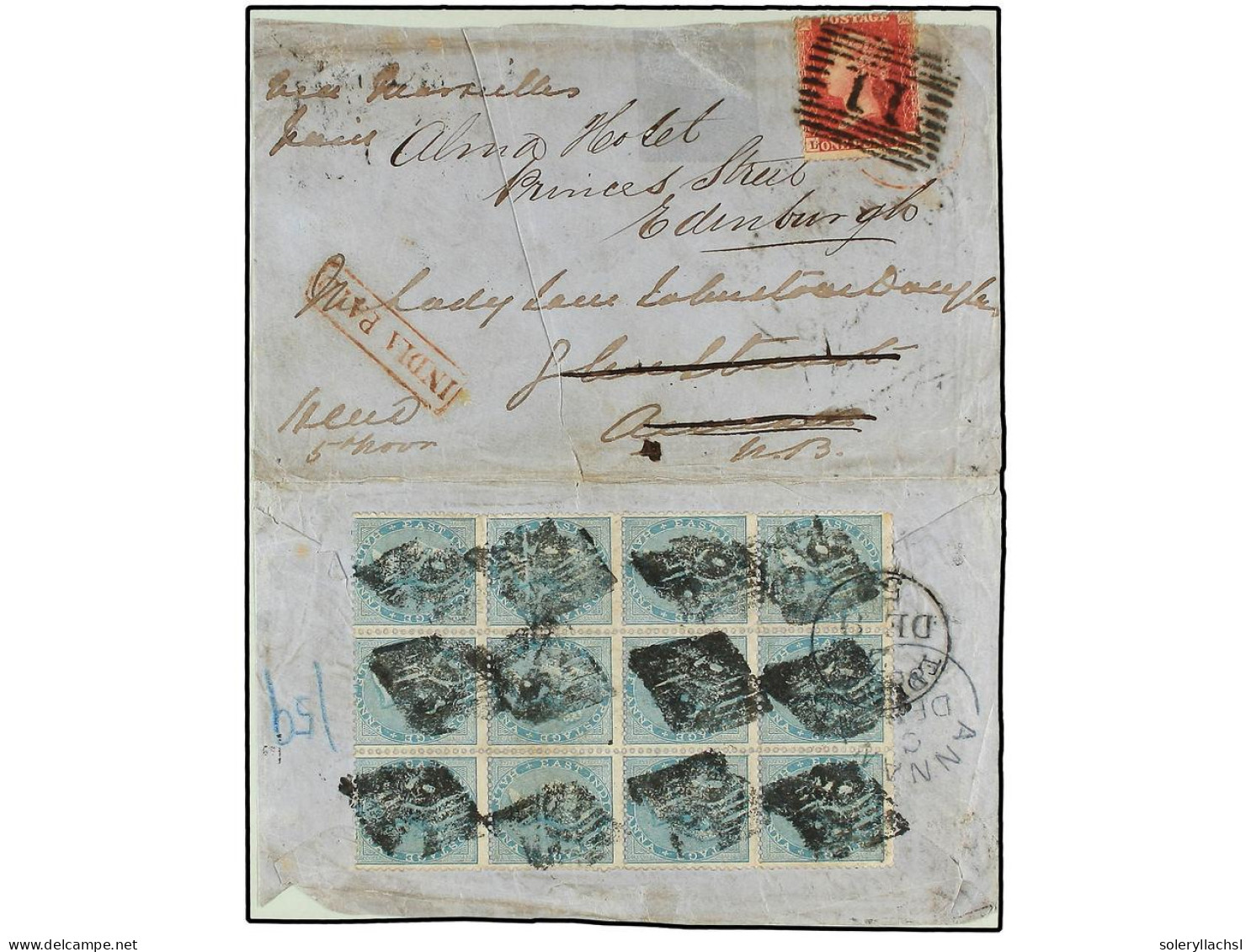 INDIA. 1857. HYDERABAD To ANNAN (Scotland). An Open Out Envelope Franked With Block Of Twelve Of 1/2 Anna Blue Tied By N - Other & Unclassified