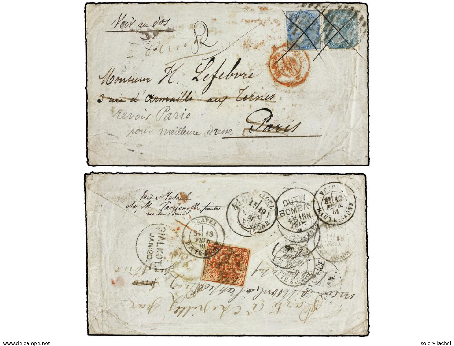 INDIA INGLESA. 1881. SIALKOT To PARIS. 1/2 Anna Blue And 4 Annas Grey Green, On Back Local Stamp Of KASHMIR 1 Anna Red.  - Sonstige & Ohne Zuordnung